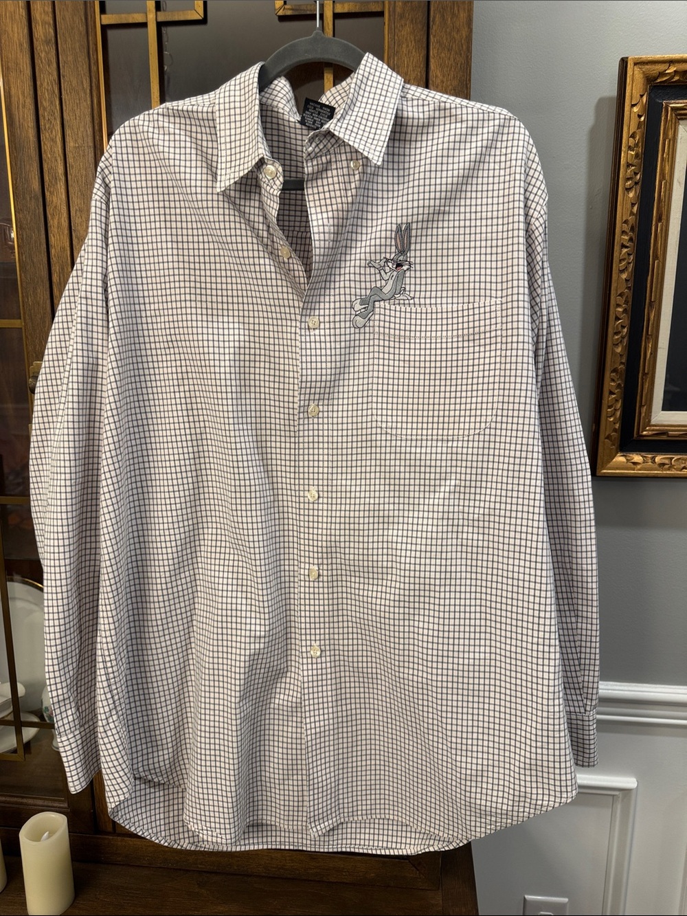 Vintage 1995 Warner Bros. Bugs Bunny Check Button-Down Shirt - White/Black